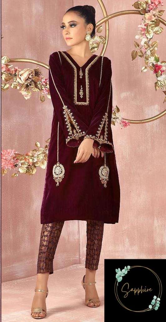 SAPPHIRE VELVET BY ASLIWHOLESALE VELVET EMBROIDERY PAKISTANI STITCHED DRESS