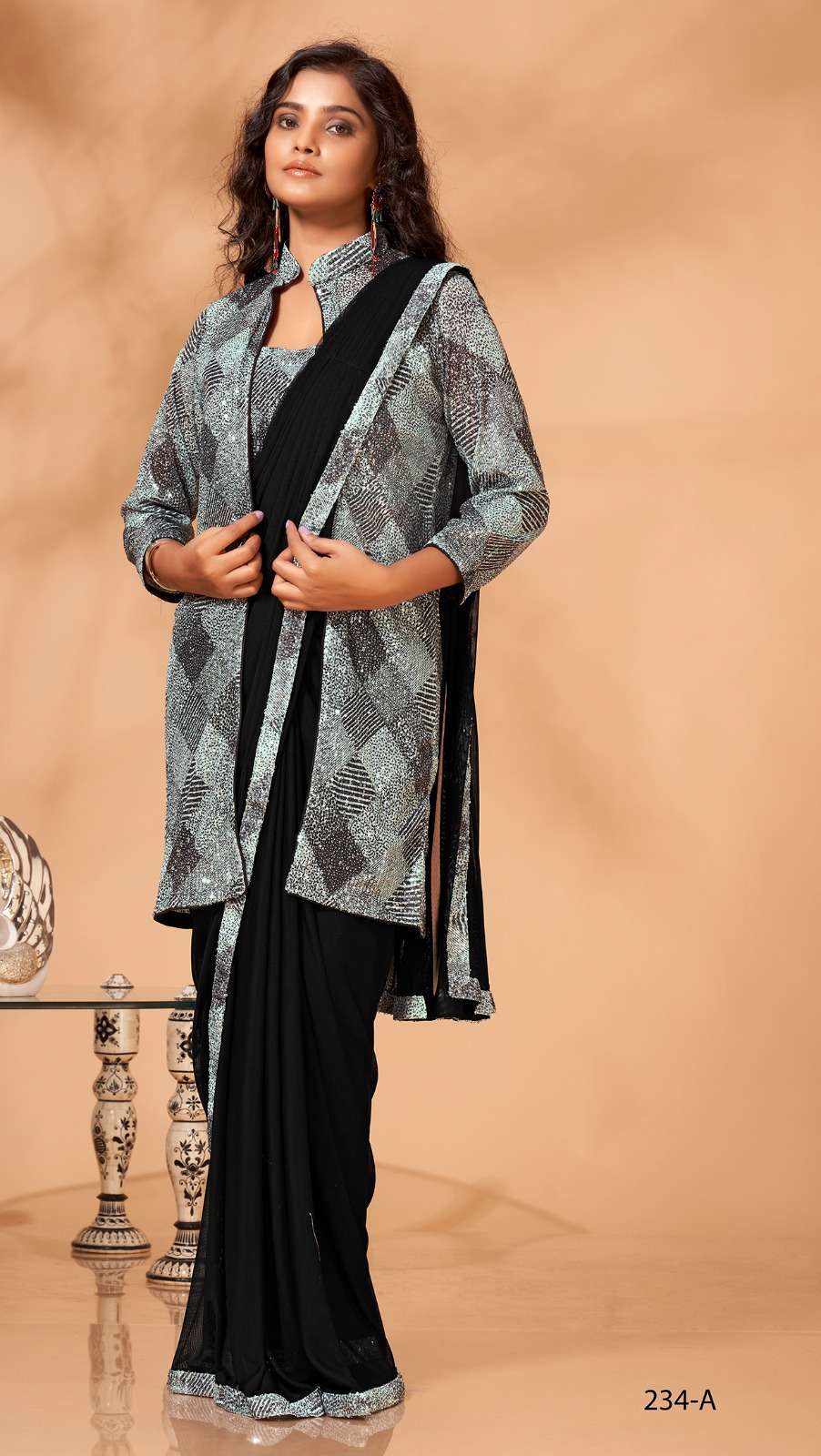 A-234 BY AMOHA TRENDZ DESIGNER POWER NET SEQUIN WORK SAREE WITH JACKET