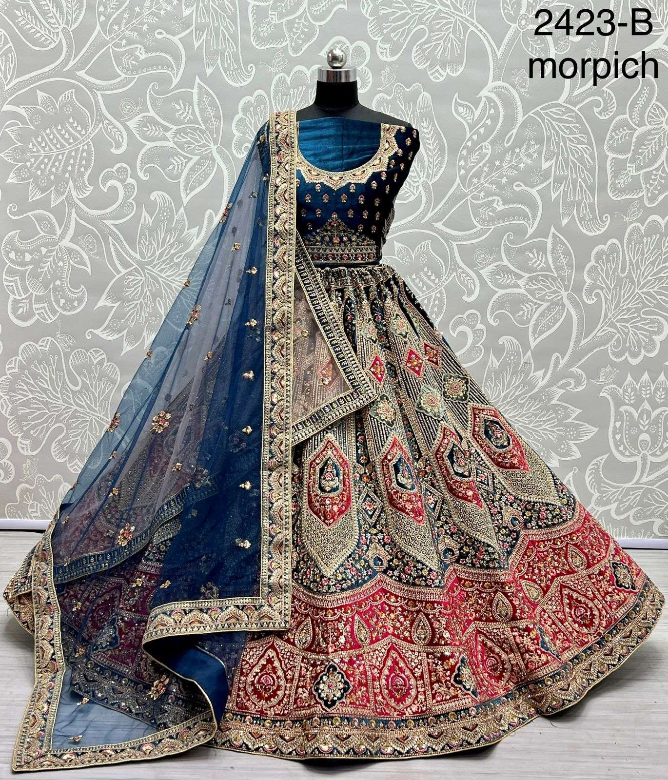 A2423 COLOURS BY ASLIWHOLESALE VELVET HEAVY WORK BRIDAL LEHENGAS