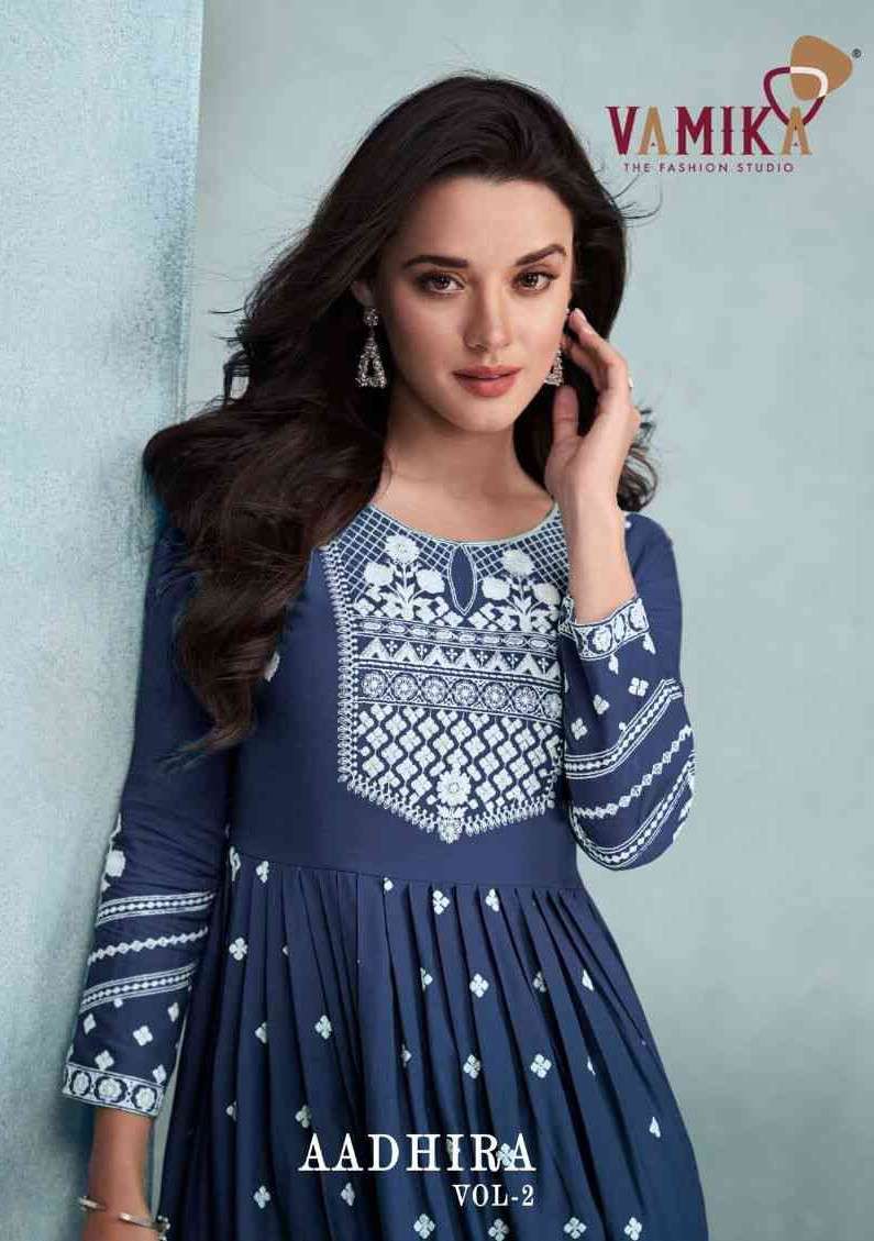 AADHIRA VOL-2 BY VAMIKA 1104-A TO 1104-E SERIES RAYON VISCOSE STITCHED DRESSES