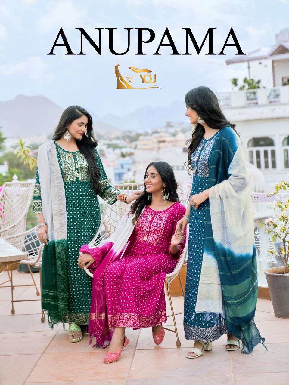 ANUPAMA BY V4YOU 3001 TO 3008 SERIES RAYO PRINT GOWN & DUPATTAS