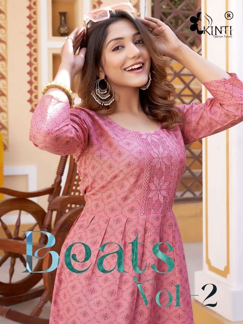 BEATS VOL-2 BY KINTI 1001 TO 1008 SERIES RAYON PRINT WORK KURTIS