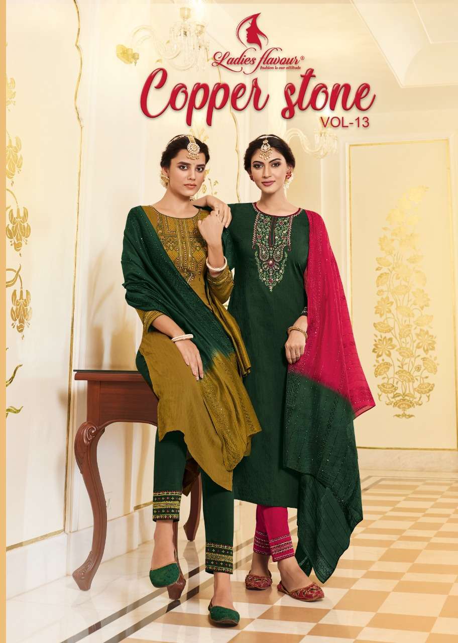 COPPER STONE VOL-13 BY LADIES FLAVOUR 1301 TO 1306 SERIES VISCOSE STITCHED DRESSES