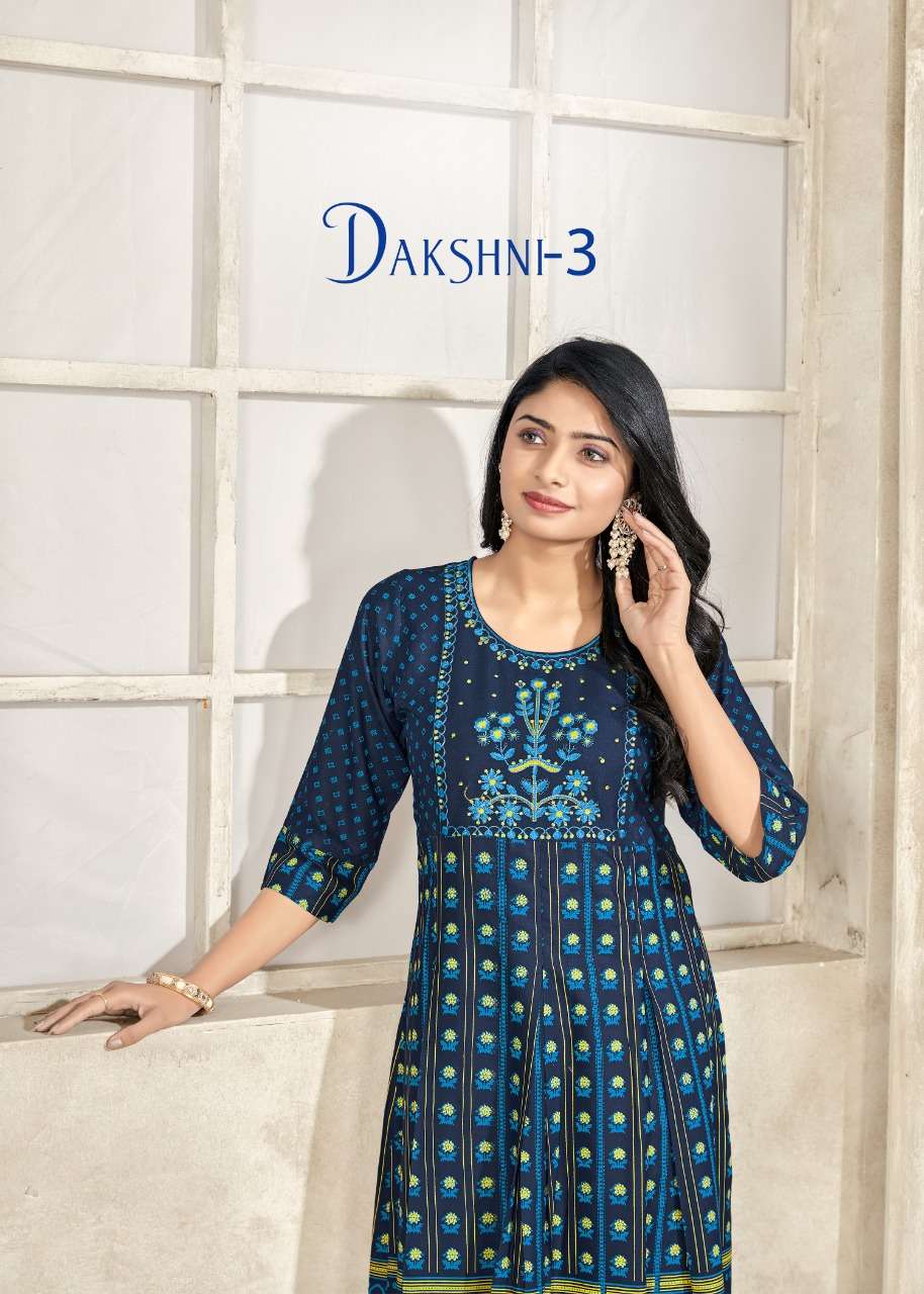 DAKSHNI VOL-3 BY BANWERY 1001 TO 1006 SERIES RAYON EMBROIDERY KURTI