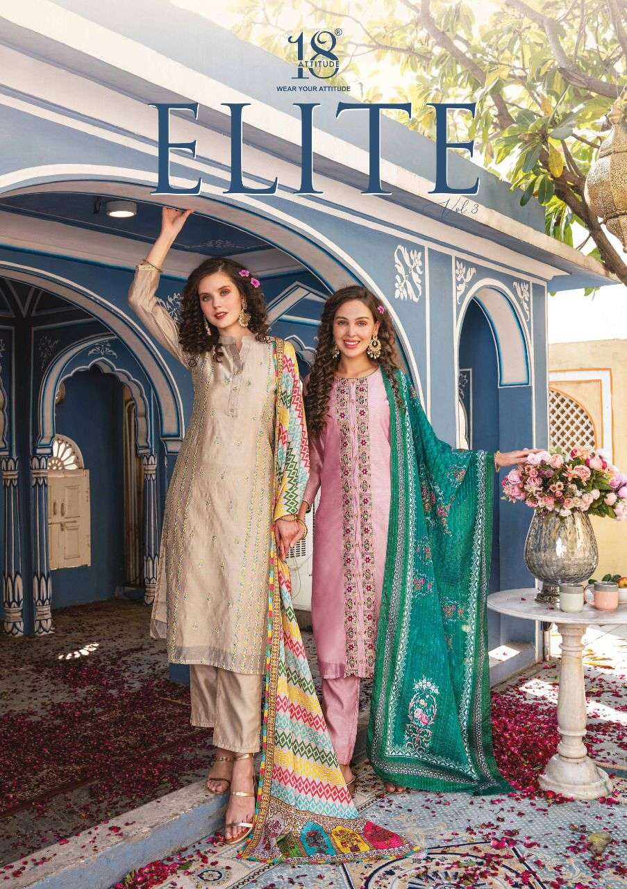 ELITE VOL-3 BY 18 ATTITUDE 301 TO 305 SERIES PURE CHANDERI WORK STITCHED DRESSES