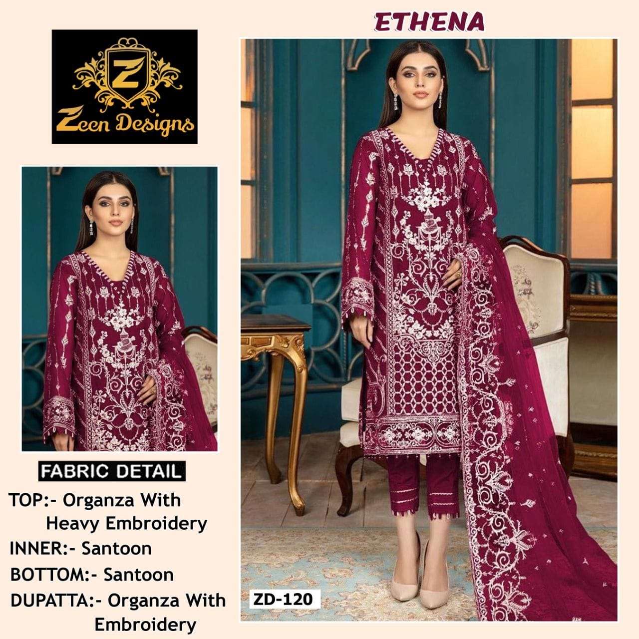 ETHENA ZD-120 BY ZEEN DESIGNS ORGANZA EMBROIDERY PAKISTANI DRESS