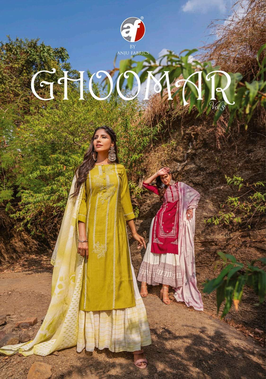 GHOOMAR VOL-3 BY ANJU FABRICS 2841 TO 2844 SERIES VISCOSE NYLON DRESSES