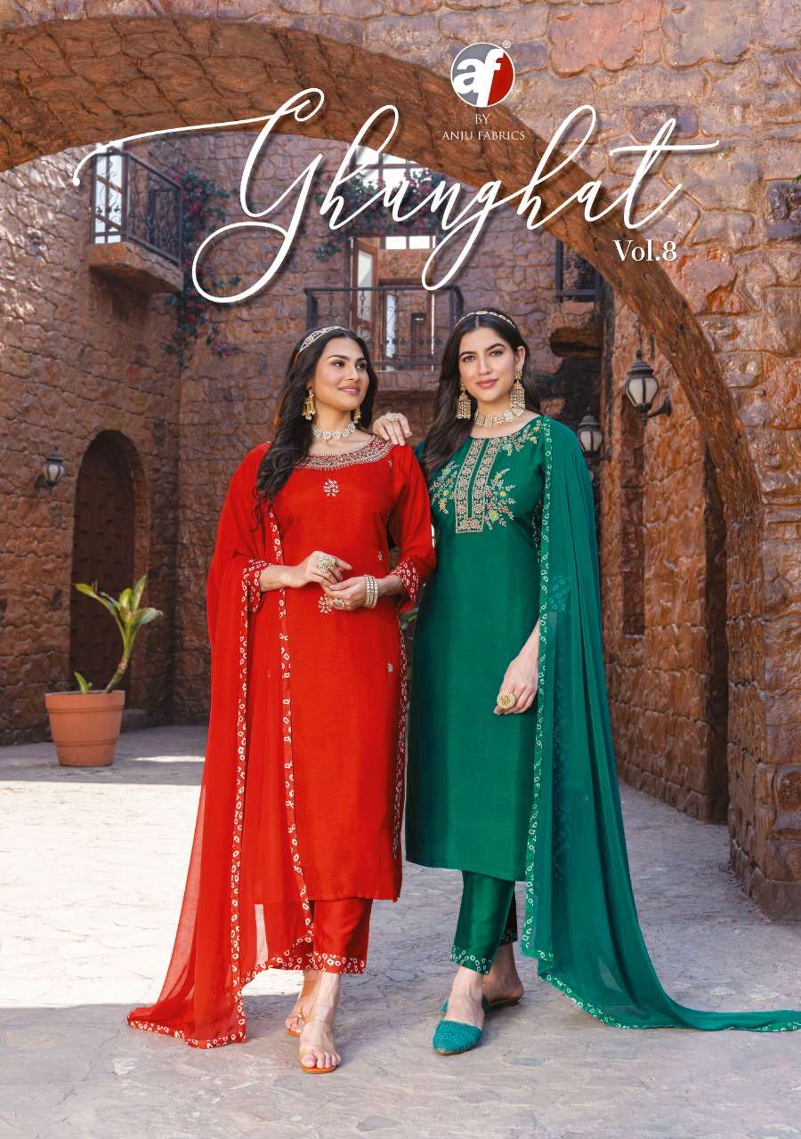 GHUNGHAT VOL-8 BY ANJU FABRICS 2871 TO 2876 SERIES VISCOSE DOLA SILK DRESSES