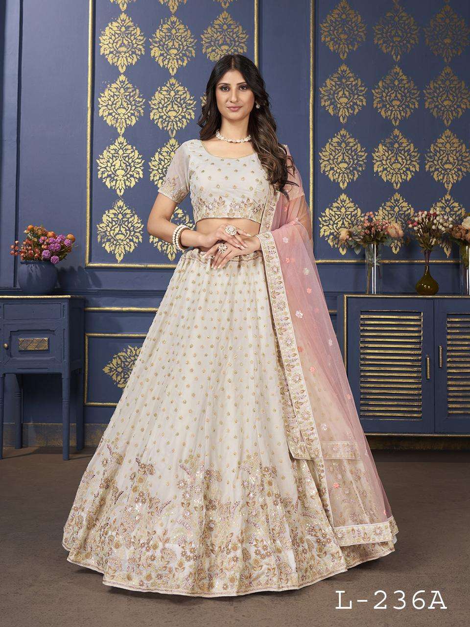 L-236 COLOURS  BY ASLIWHOLESALE L-236-A TO L-236-H  GEORGETTE EMROIDERY LEHENGAS