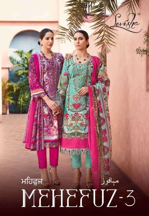 MEHEFUZ VOL-3 BY LEVISHA 1013 TO 1020 SERIES COTTON PAKISTANI PRINT DRESSES