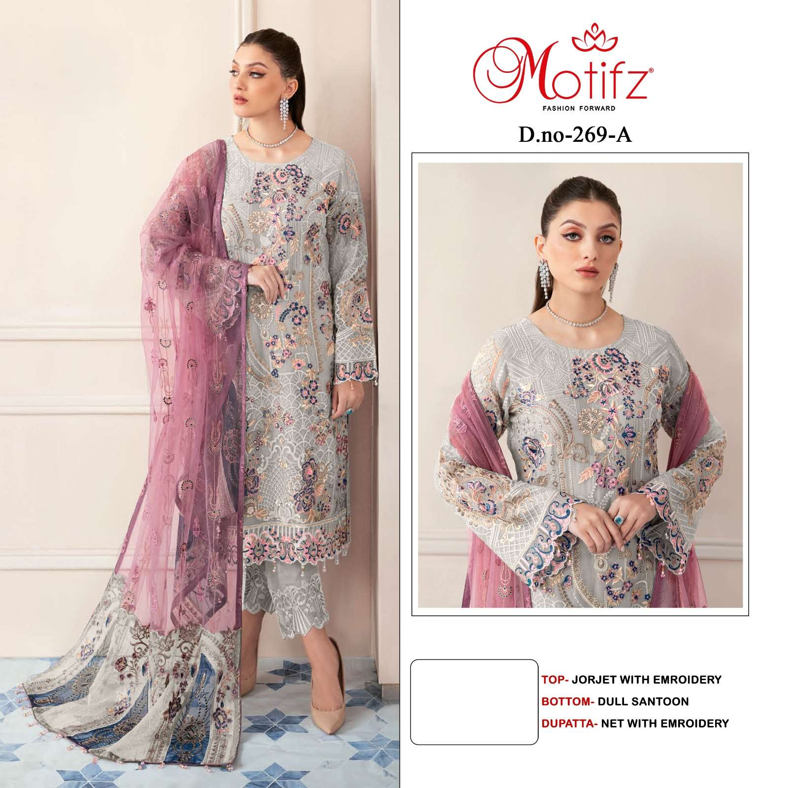 MOTIFZ 269 COLOURS BY MOTIFZ 269-A TO 269-D SERIES GEORGETTE EMBROIDERY DRESSES