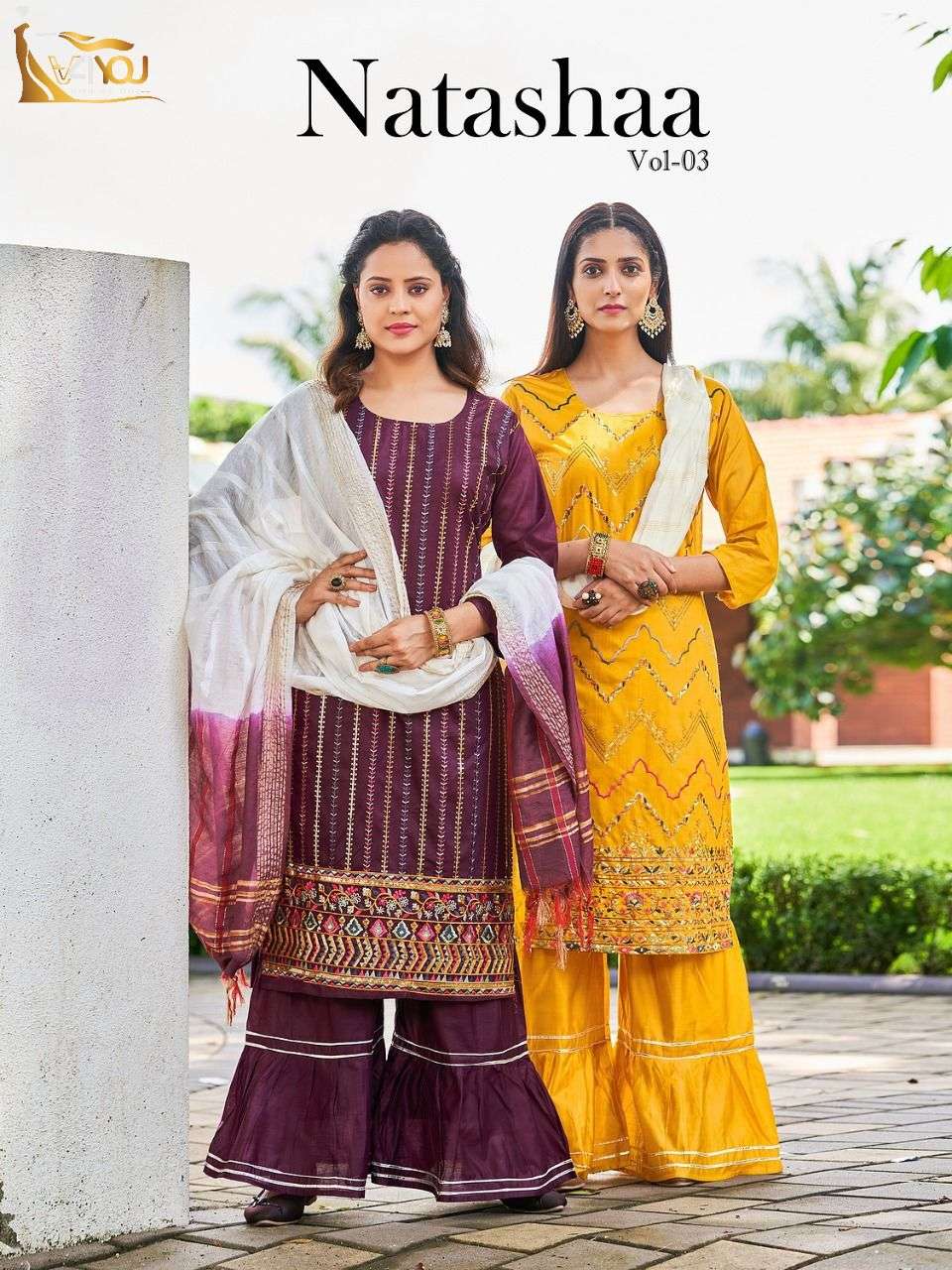 NATASHAA VOL-03 BY V4YOU 3001 TO 3008 SERIES CHANDERI WORK DRESSES