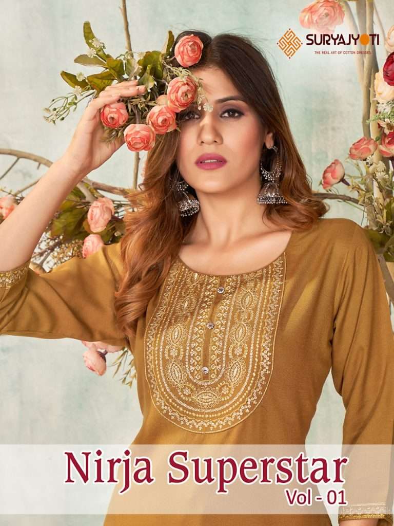 NIRJA SUPERSTAR VOL-1 BY SURYAJYOTI 1001 TO 1006 SERIES RAYON WORK KURTIS