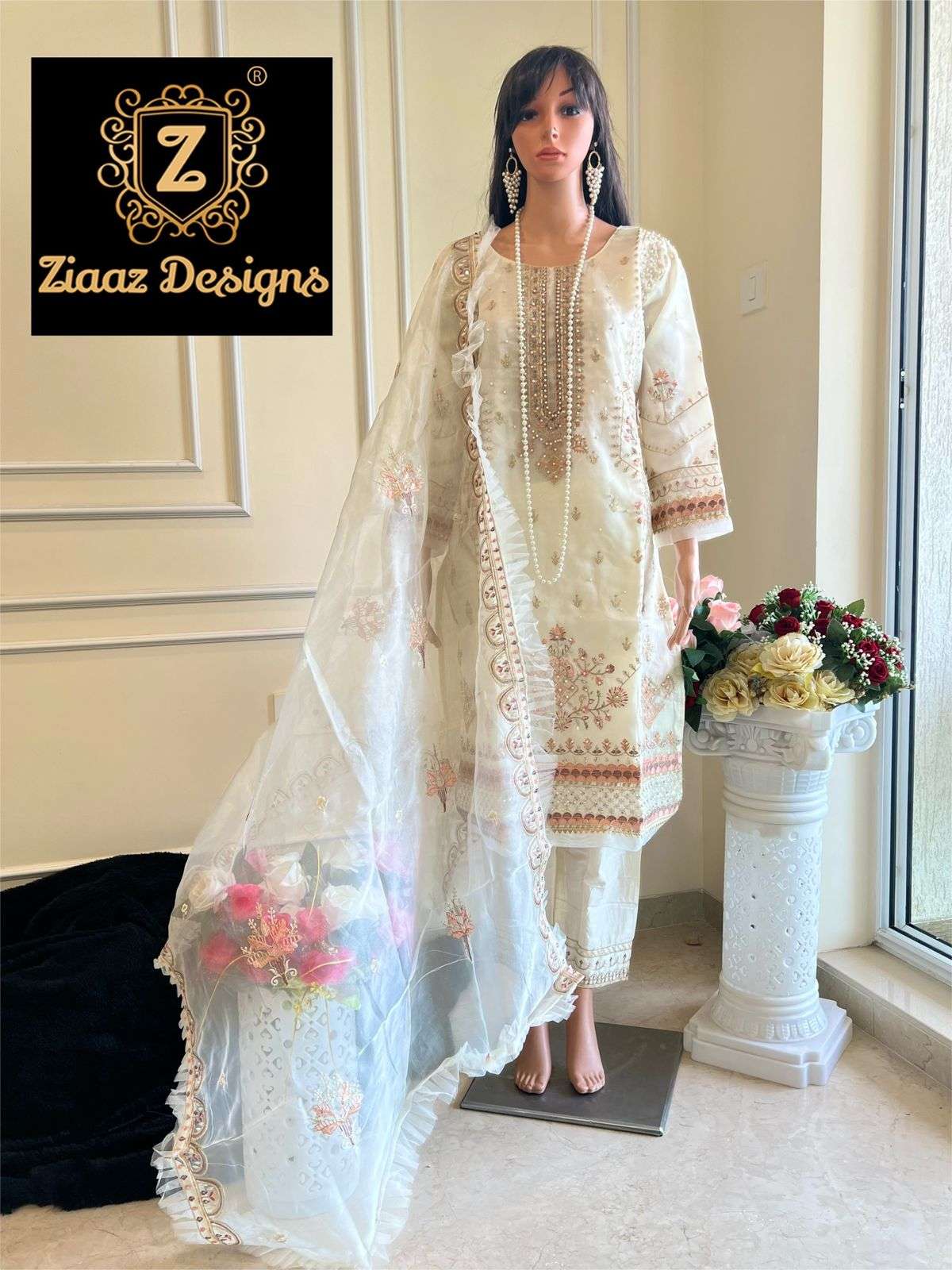 NOOR BEIGE BY ZIAAZ DESIGNS ORGANZA EMBROIDERY PAKISTANI DRESS