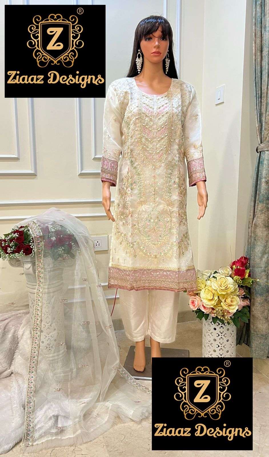 NOOR GREEN 147 BY ZIAAZ DESIGNS ORGANZA EMBROIDERY STITCHED DRESS