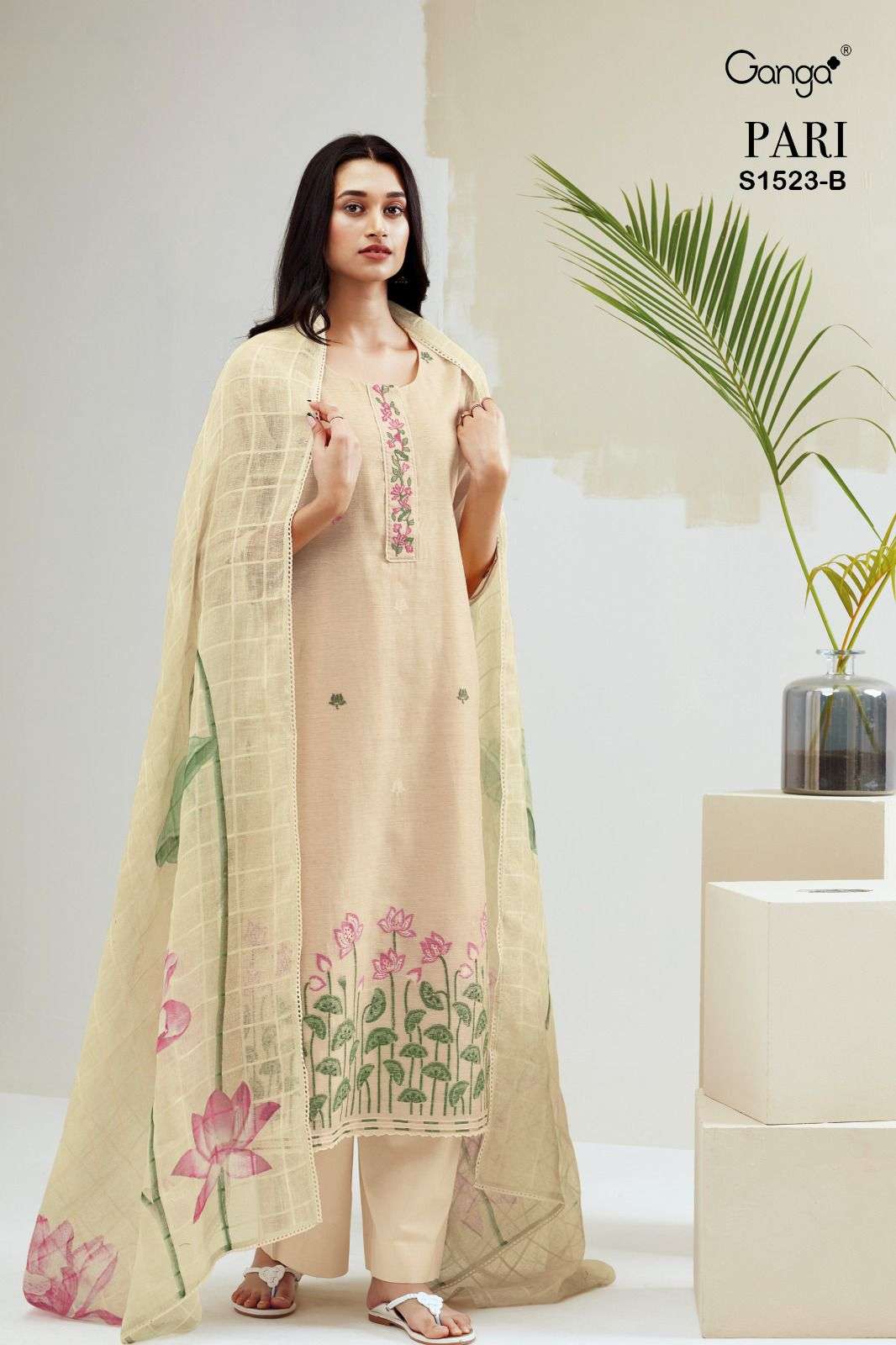 PARI BY GANGA FASHIONS 1523-A TO 1523-B SERIES LINEN SILK WORK DRESSES