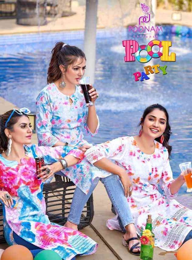 POOL PARTY BY POONAM DESIGNER 1001 TO 1008 SERIES COTTON CHIKAN WORK KURTIS