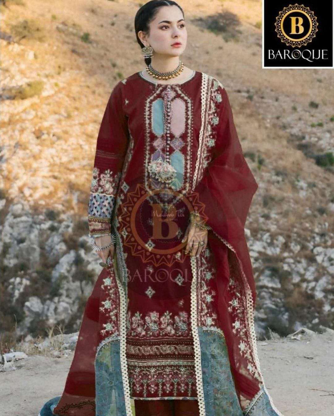 QALAMKAR CHERRY MAROON BY BAROQUE LAWN COTTON WORK PAKISTANI DRESS