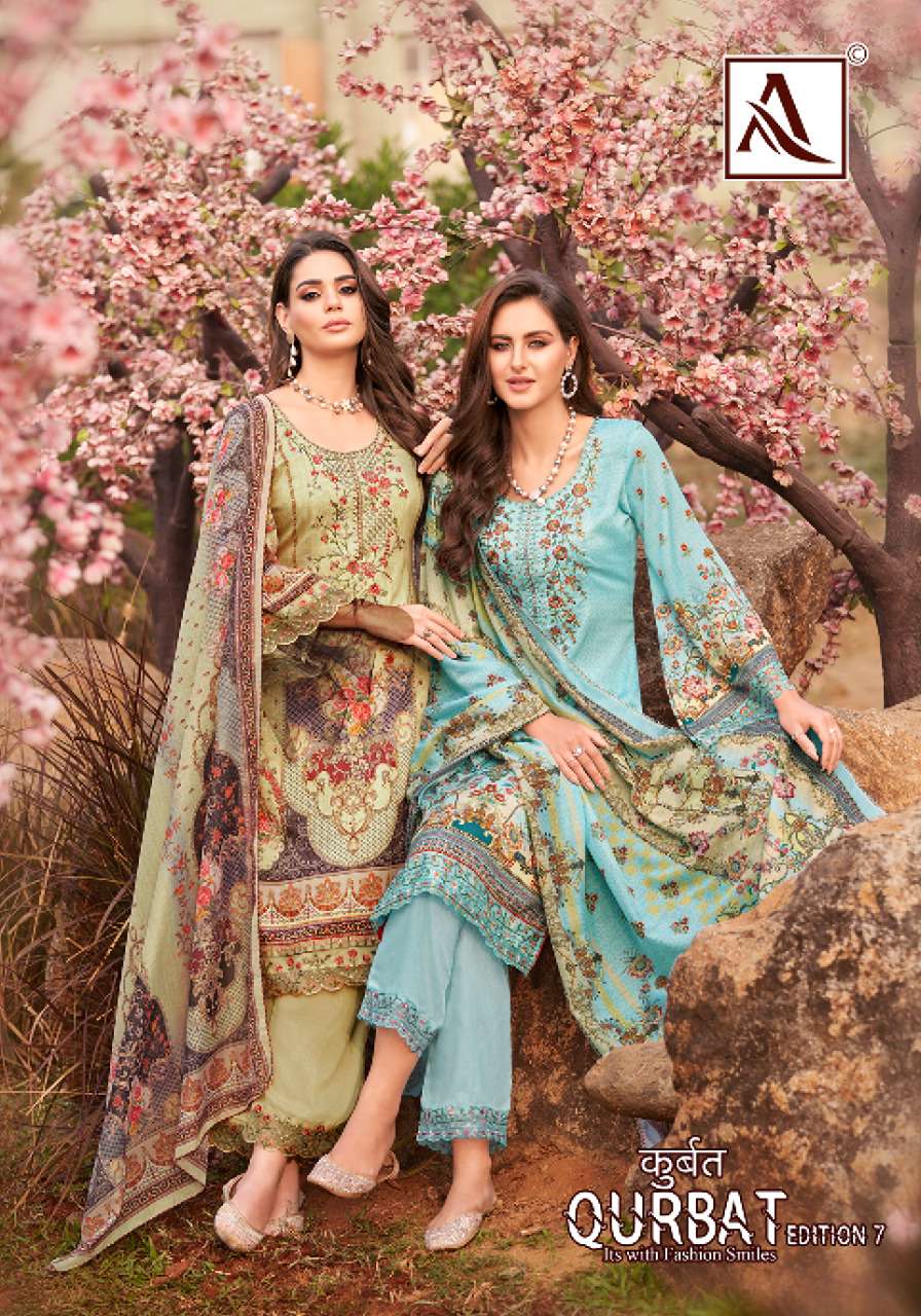 QURBAT VOL-7 BY ALOK SUIT 1158-001 TO 1158-008 SERIES COTTON PAKISTANI DRESSES