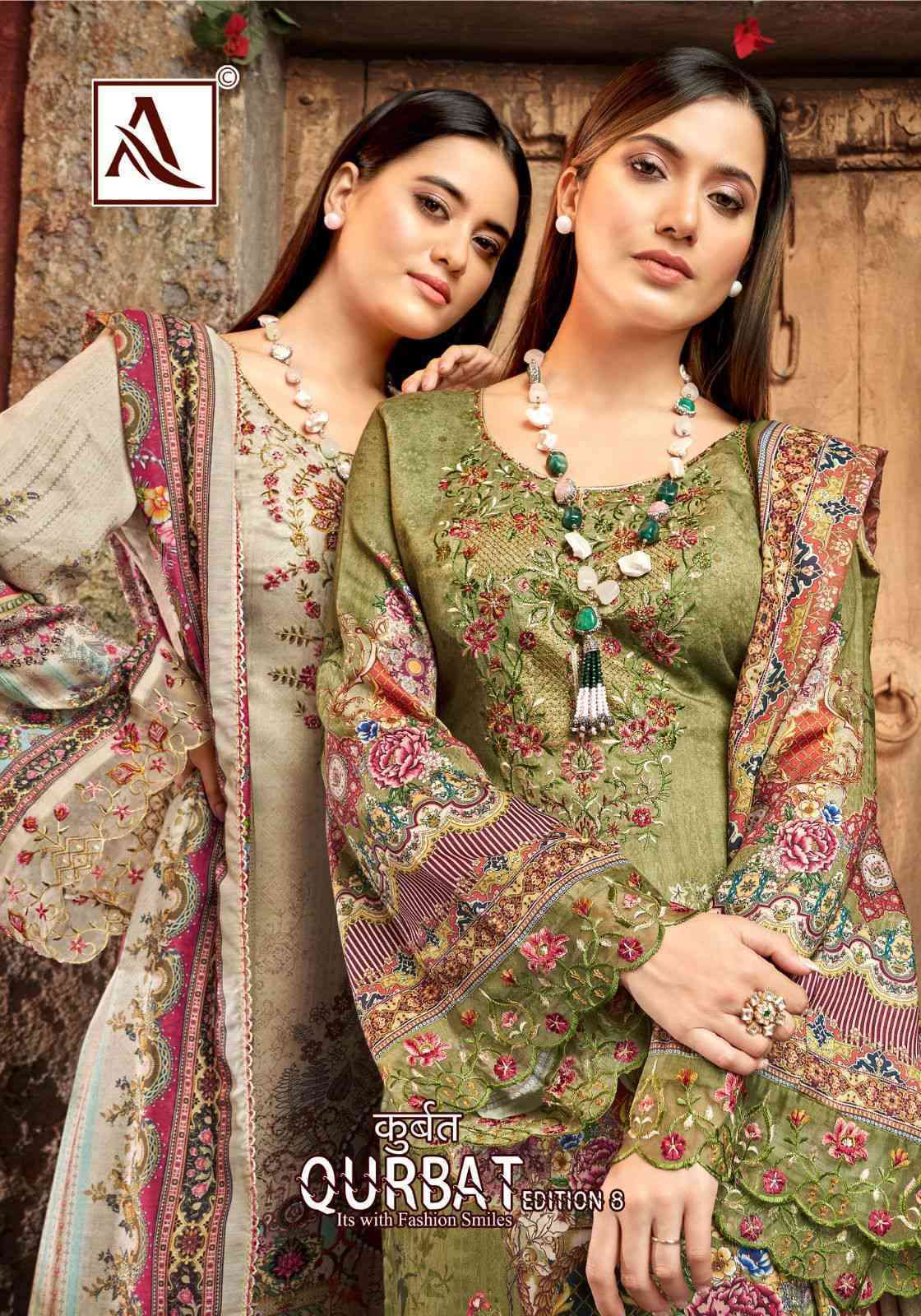 QURBAT VOL-8 BY ALOK SUIT 1191-001 TO 1191-008 SERIES COTTON PAKISTANI DRESSES