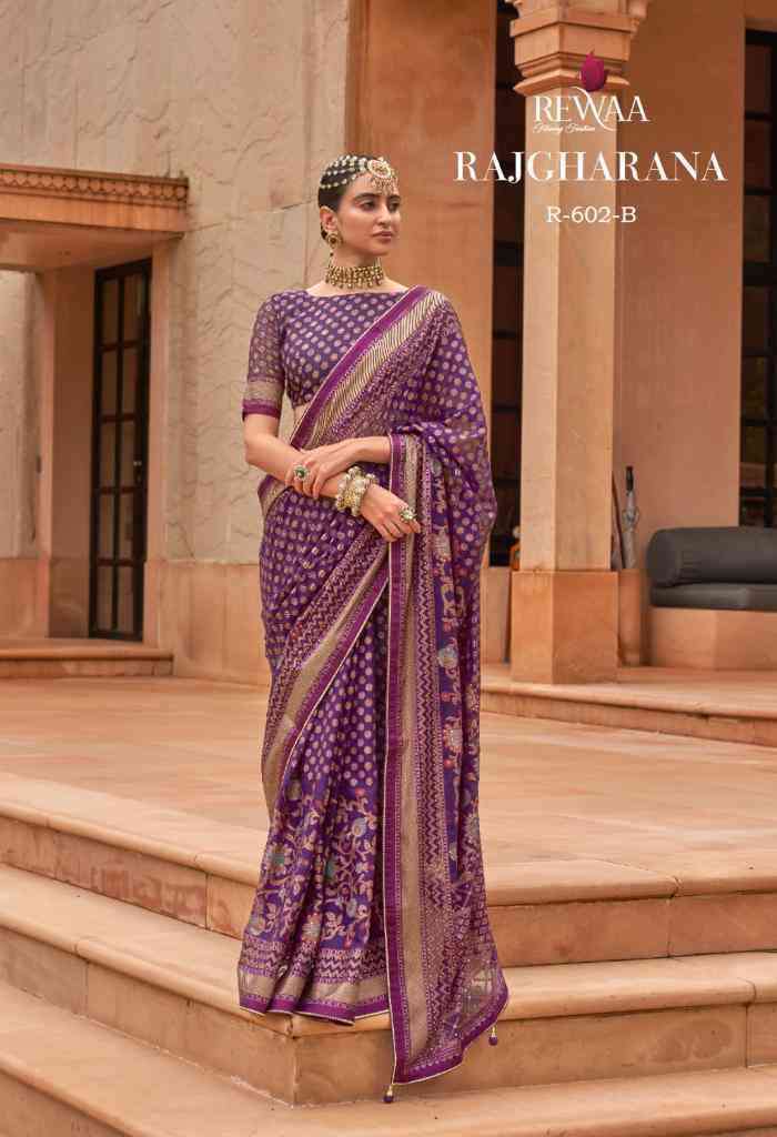 RAJGHARANA BY REWAA 602 TO 605 SERIES BRASSO DIAMOND WORK SAREES