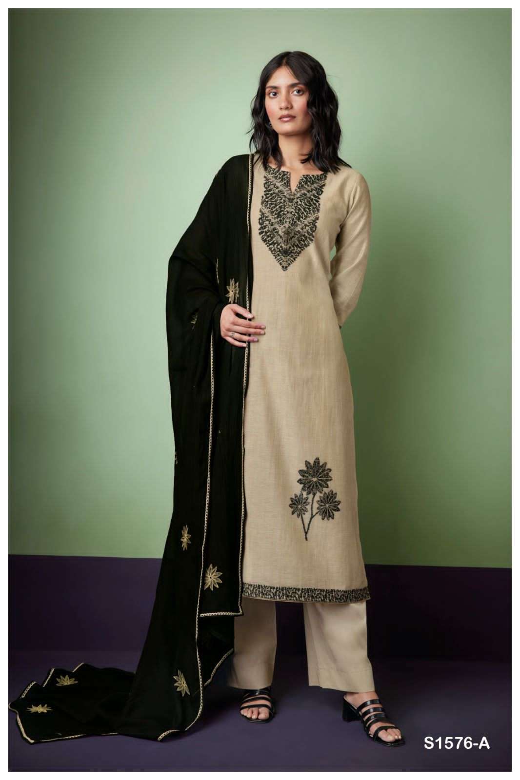 TURVI BY GANGA FASHIONS 1576-A TO 1576-D SERIES LINEN SILK WORK DRESSES