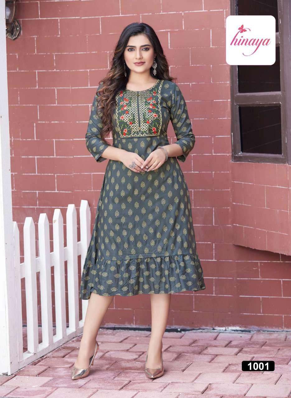 ANERI VOL-3 BY HINAYA DESIGNER 14 KG RAYON SLUB FANCY WORK KURTIS