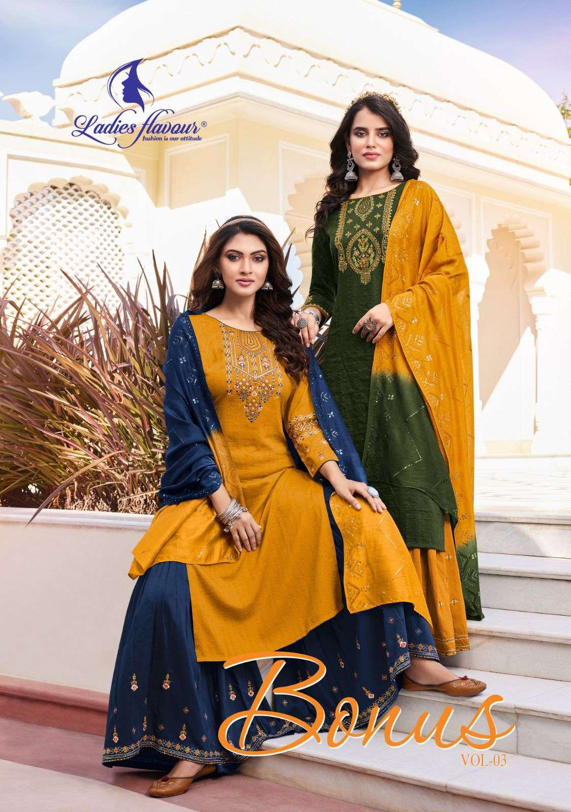 BONUS VOL-3 BY LADIES FLAVOUR 3001 TO 3006 SEREIS CHINON EMBROIDERY STITCHED DRESSES