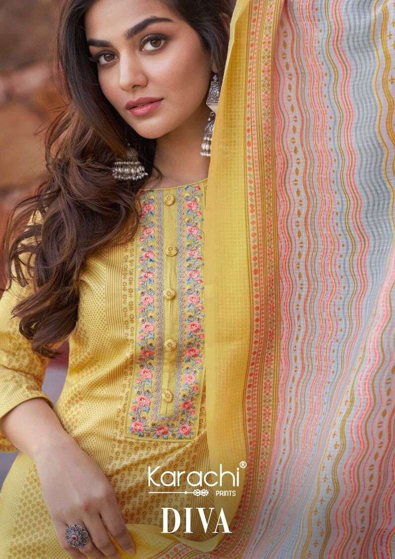 DIVA BY KARACHI PRINTS 610001 TO 610006 SERIES PURE LAWN COTTON EMBROIDERY DRESSES