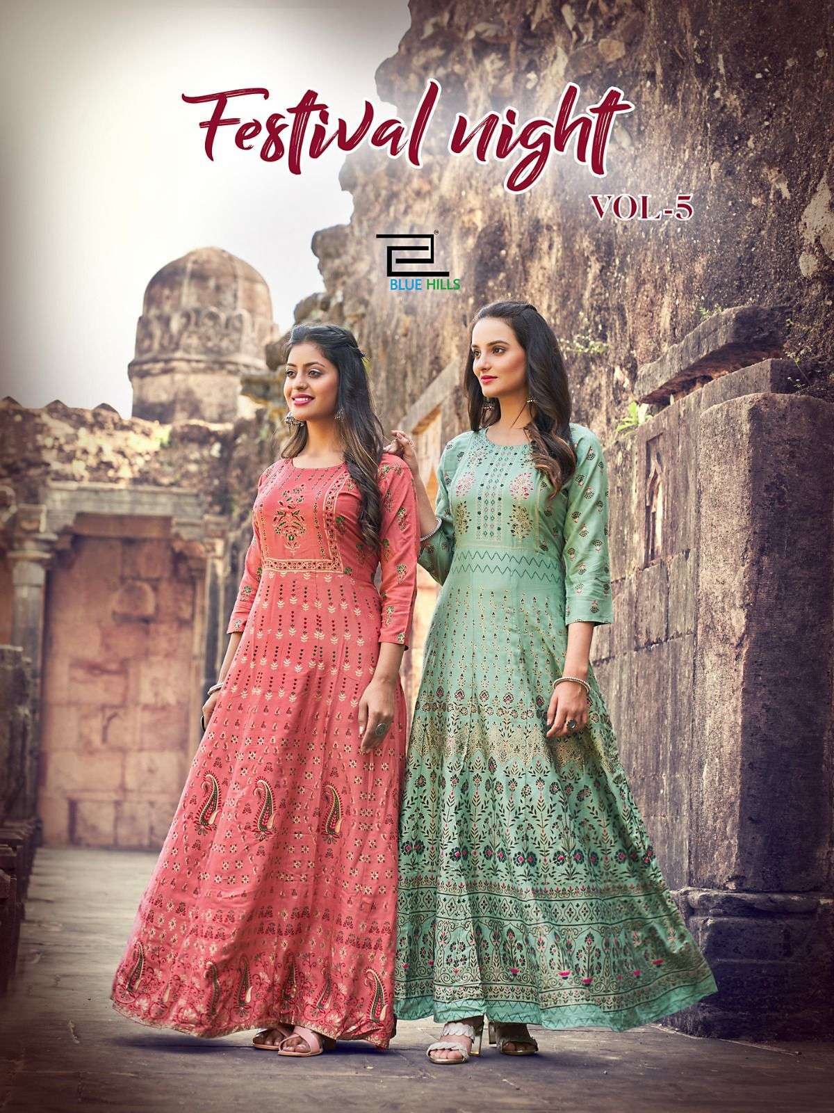 FESTIVAL NIGHT VOL-5  BY BLUE HILLS 5001 TO 5006 SERIES 14 KG RAYON PRINT GOWNS