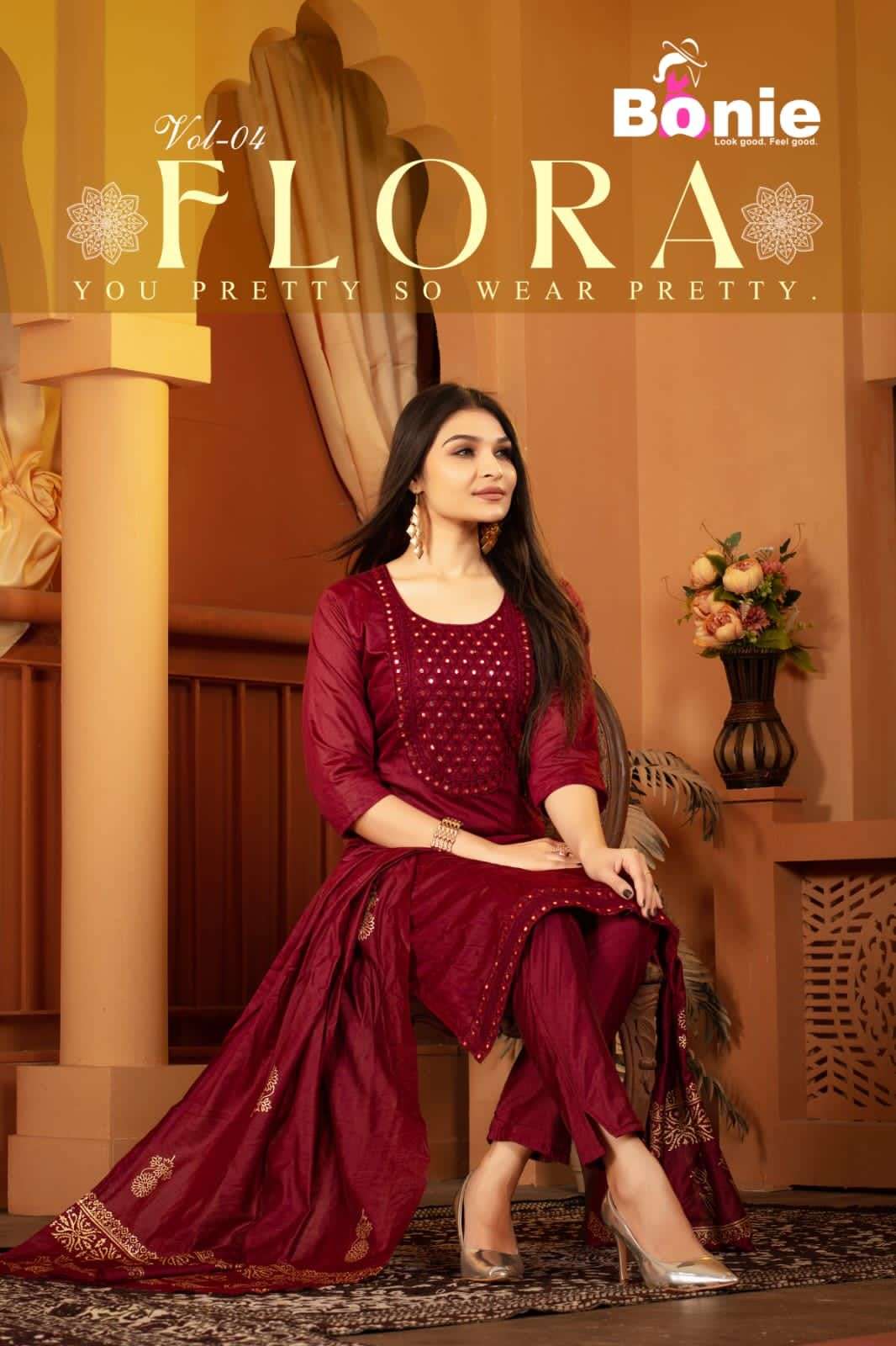 FLORA VOL-4 BY BONIE 1001 TO 1006 SERIES CHANDERI  PRINT DRESSES