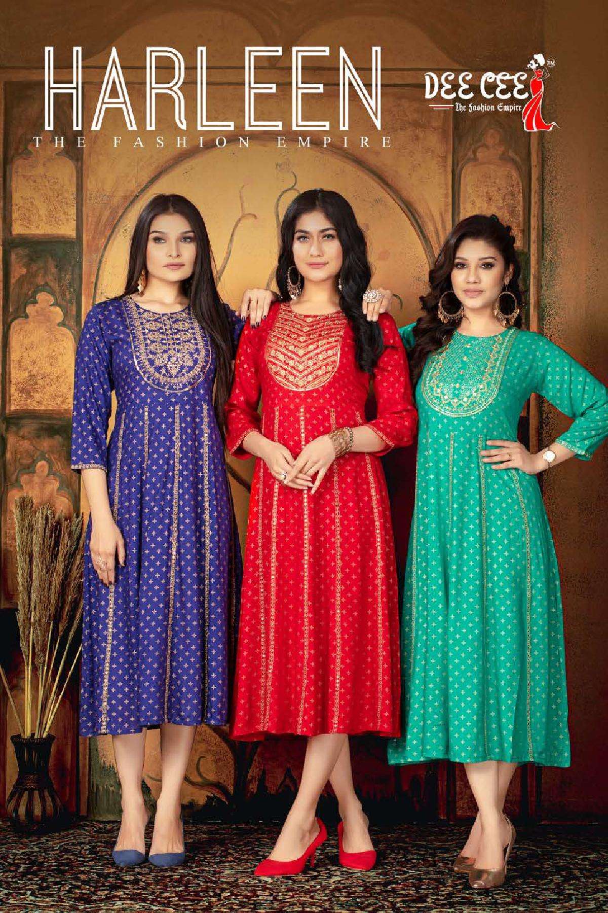 HARLEEN BY DEE CEE 1001 TO 1006 SERIES RAYON FOIL PRINT ANARKALI KURTIS