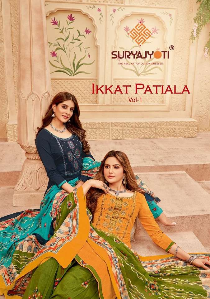 IKKAT PATIALA BY SURYAJYOTI 1001 TO 1008 SERIES JAAM COTTON WORK DRESSES