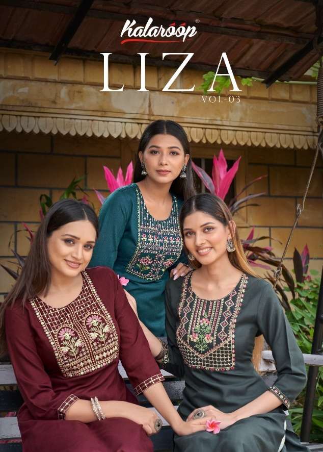 LIZA VOL-03 BY KALAROOP 13510 TO 13515 SERIES FANCY RAYON EMBROIDERY KURTIS