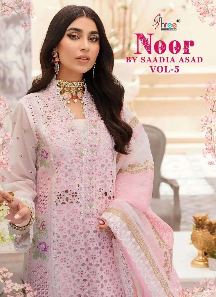 NOOR BY SAADIA ASAD VOL-5 BY SHREE FABS 2596 TO 2600 SERIES COTTON DRESSES