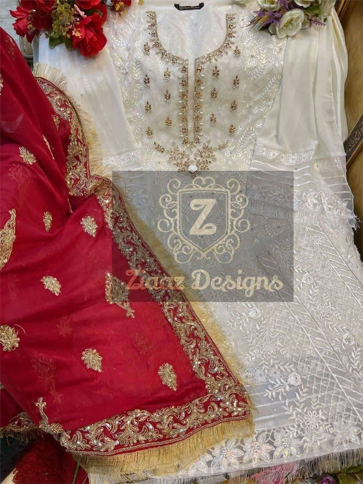 NOORJAHAN WHITE VOL-4  BY ZIAAZ DESIGNS GEORGETTE MOTI WORK PAKISTANI DRESS