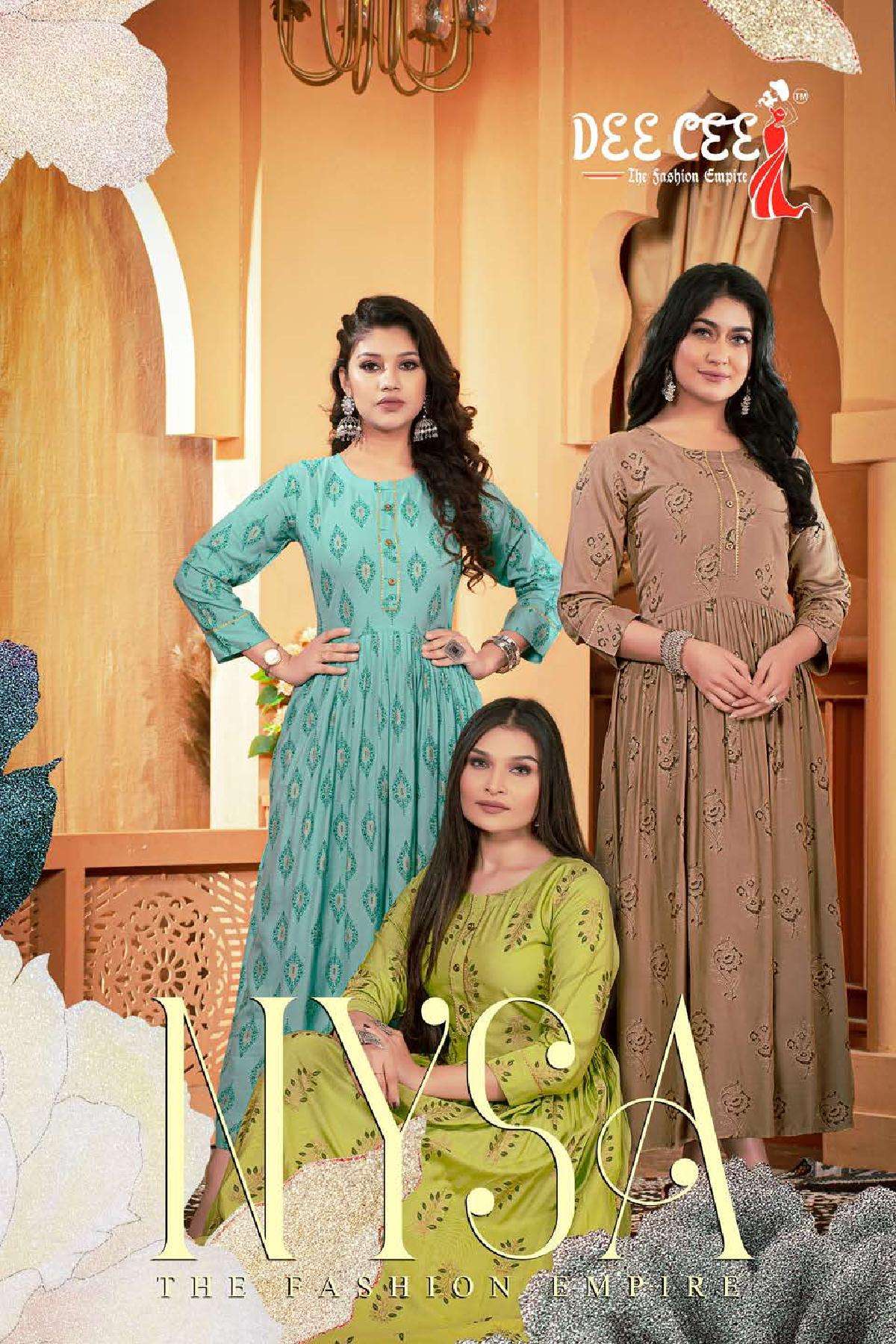 NYSA BY DEE CEE 1001 TO 1006 SERIES DESIGNER RAYON FOIL PRINT KURTIS