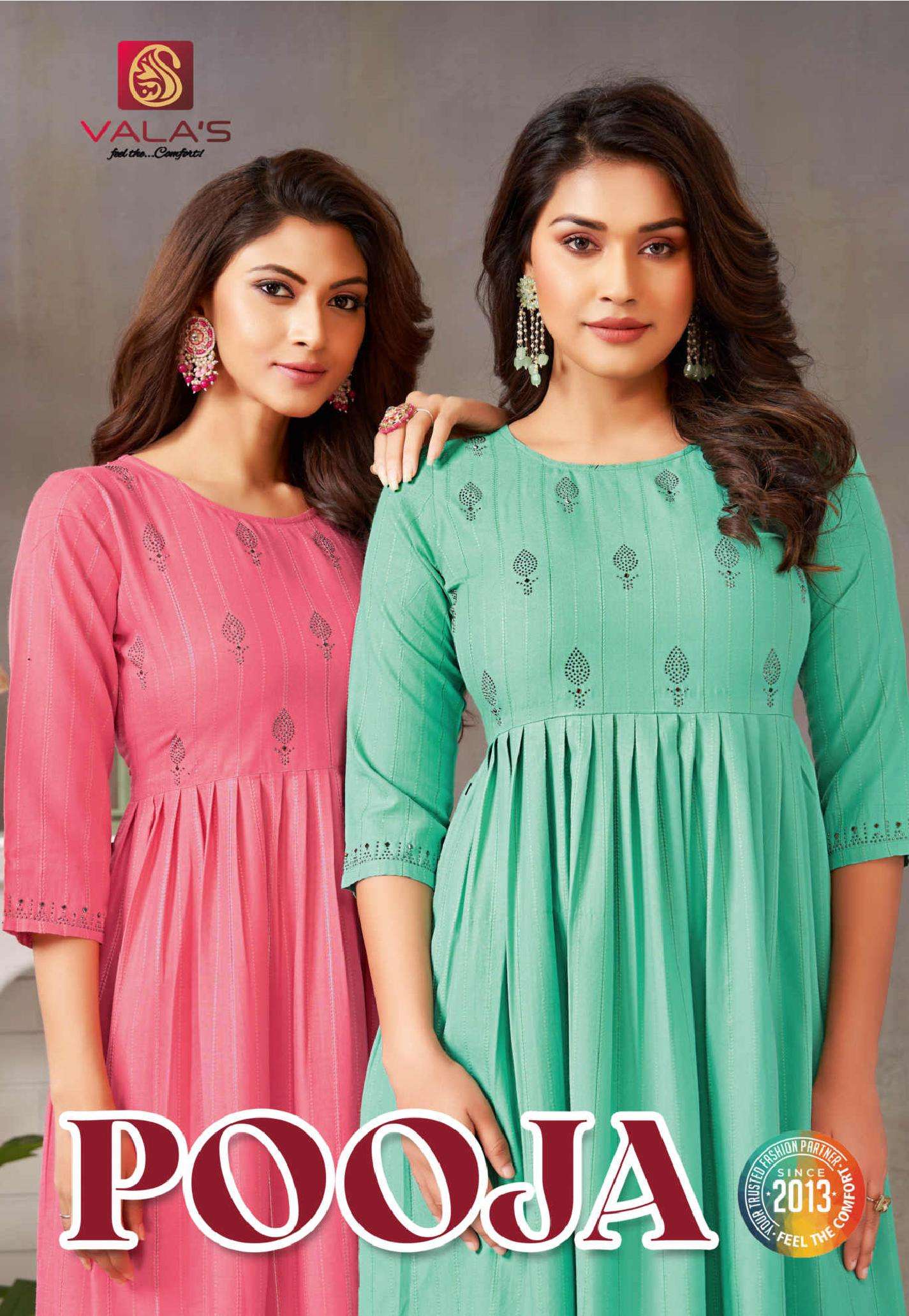 POOJA BY VALAs 0361 TO 0368 SERIES DESIGNER RAYON DOBBY FLARE KURTIS