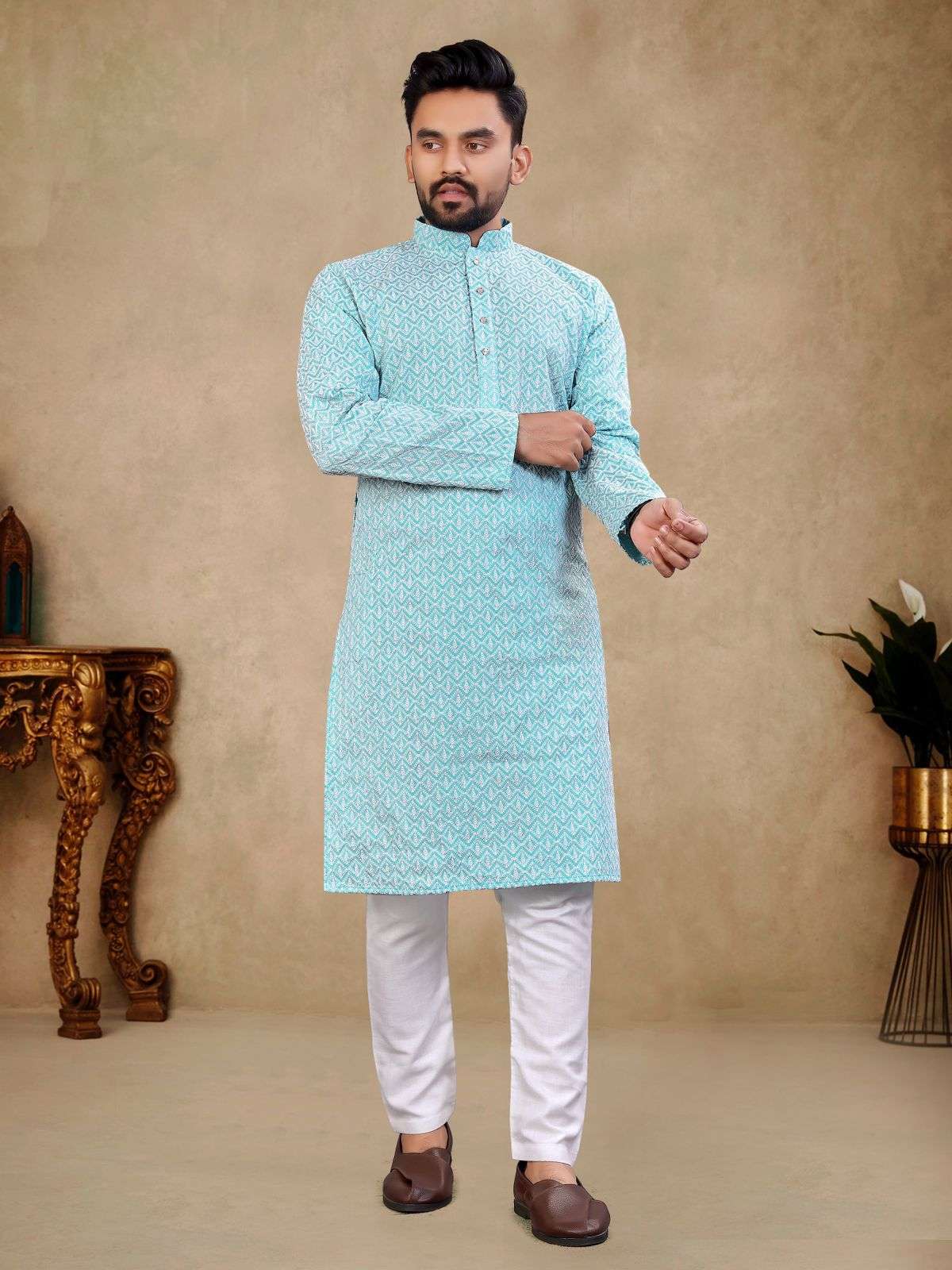 PATHAAN BY ASLIWHOLESALE THAI SILK LUCKNOWI WORK MENS KURTA PAJAMA