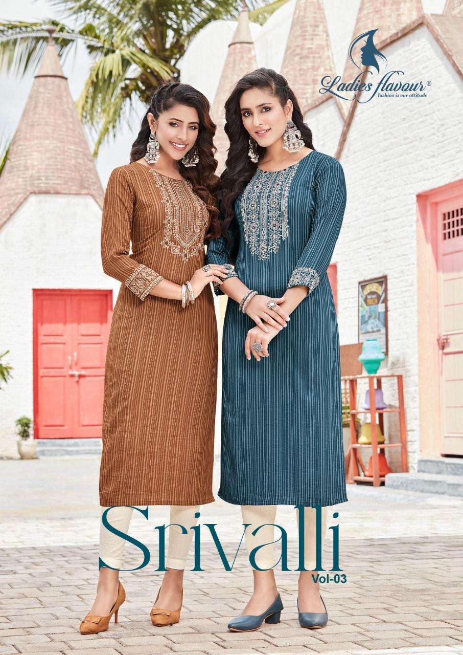 SRIVALLI VOL-3 BY LADIES FLAVOUR 3001 TO 3006 SERIES RAYON WORK KURTIS