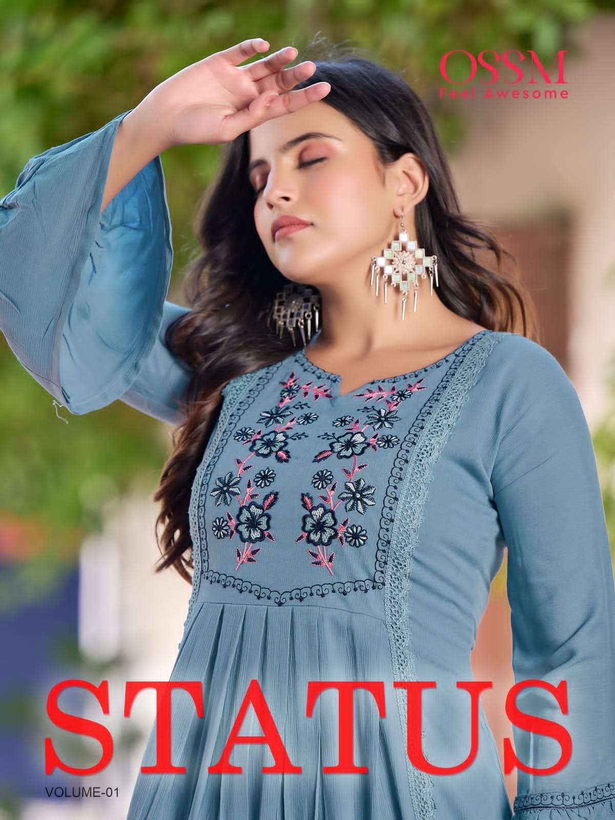 STATUS BY OSSM DESIGNER RAYON EMBROIDERY WORK KURTIS WITH FLAIR