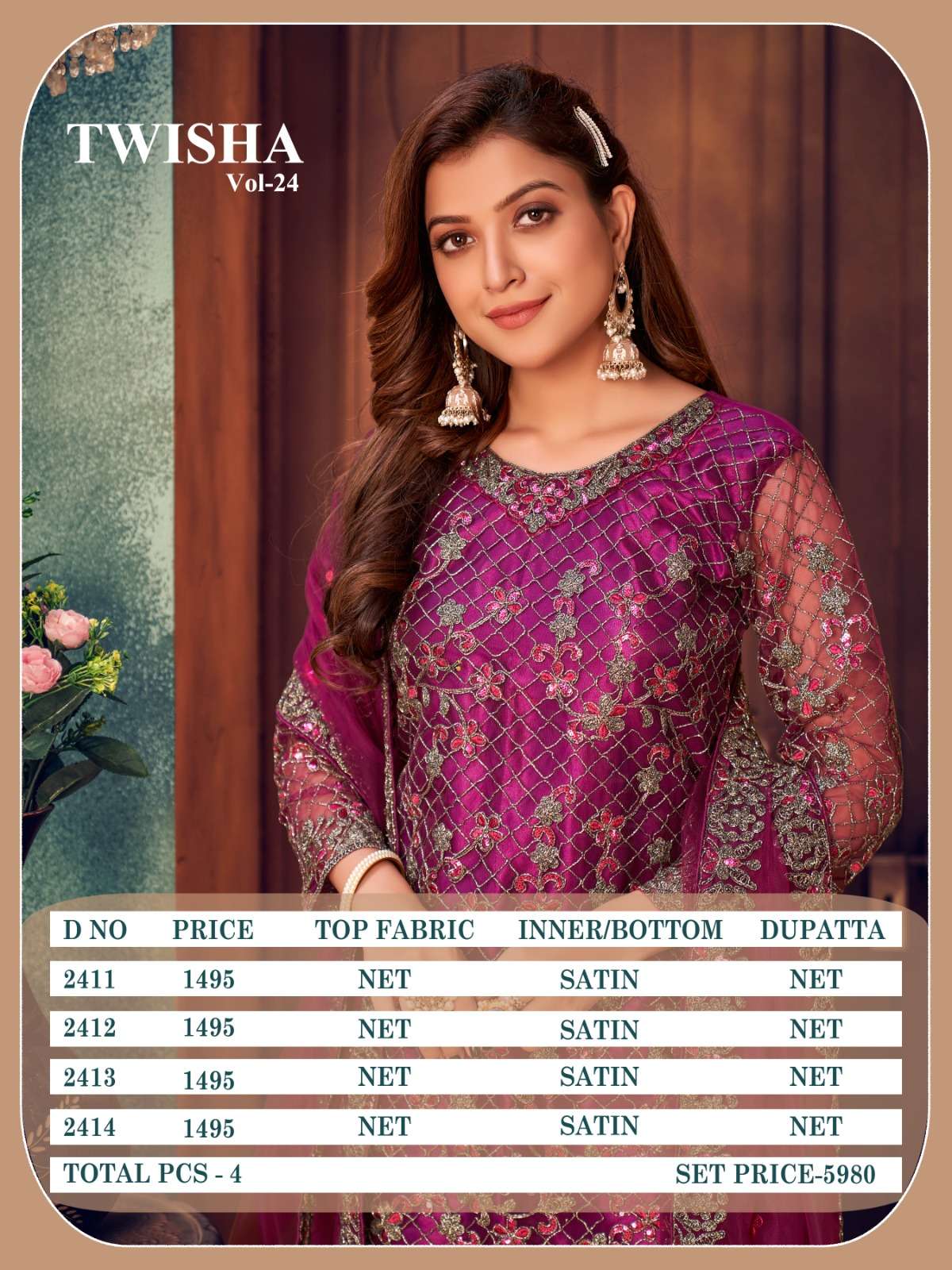 TWISHA VOL-24 BY TWISHA 2411 TO 2414 SERIES NET SATIN WORK DRESSES