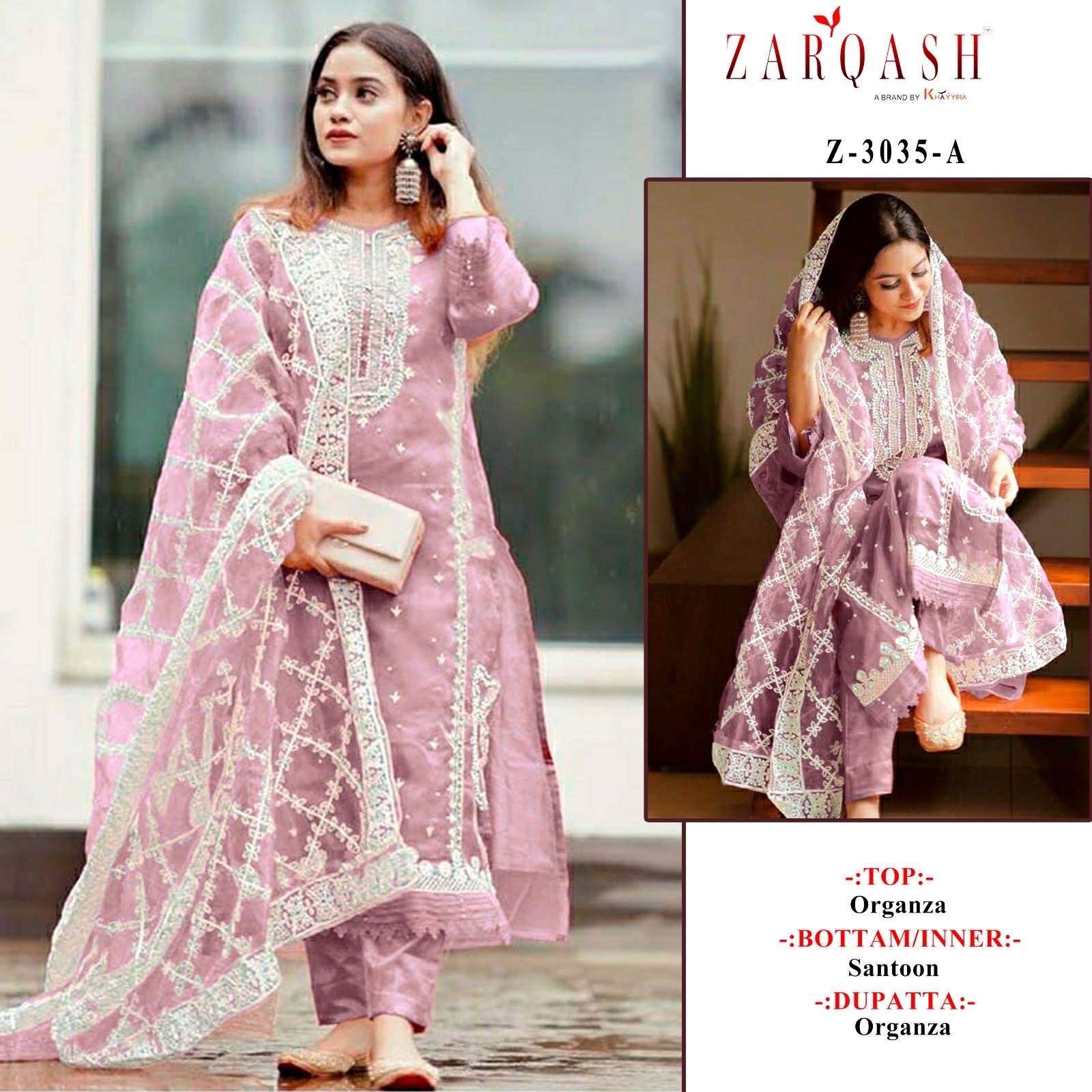 Z-3035 COLOURS BY ZARQASH 3035-A TO 3035-H SERIES ORGANZA WORK DRESSES