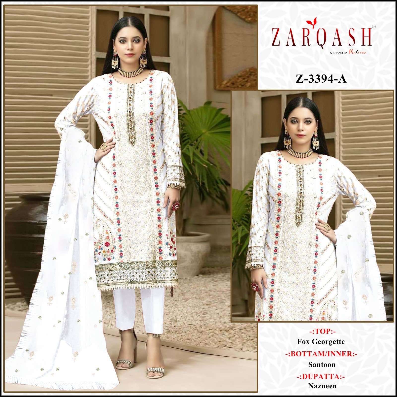 Z-3394 COLOURS BY ZARQASH 3394-A TO 3394-E SERIES FAUX GEOGETTE WORK DRESSES