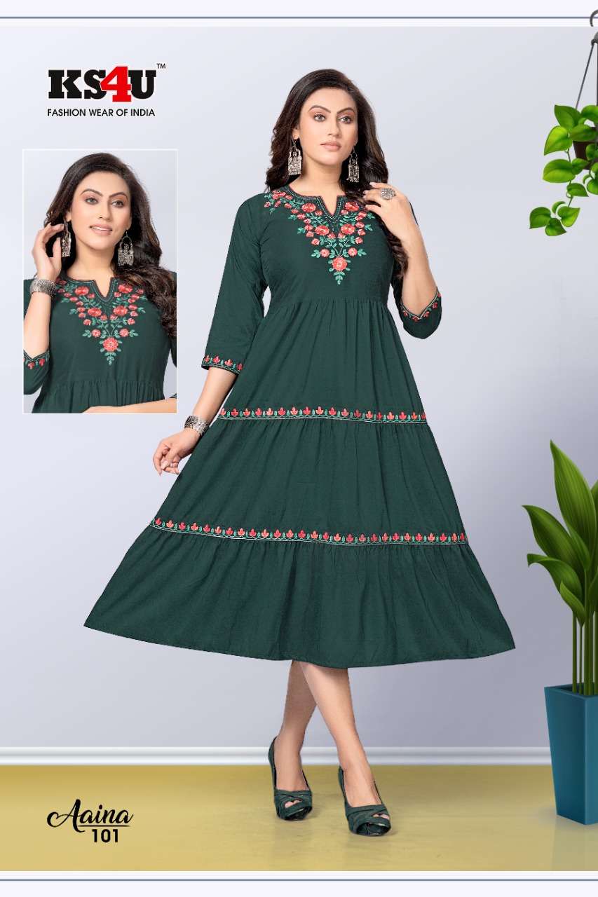 AAINA BY KS4U 101 TO 106 SERIES DESIGNER LINEN WORK KURTI