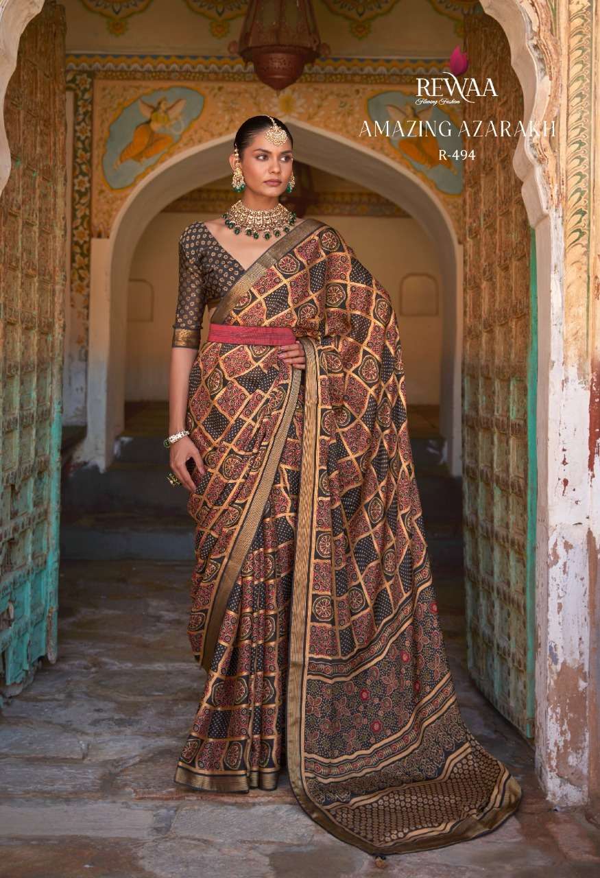 AMAZING AZARAKH BY REWAA 493 TO 495-B SERIES BRASSO AZARAKH PRINT SAREES