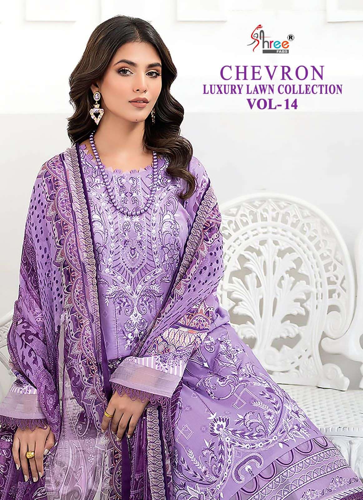 CHEVRON LUXURY LAWN COLLECTION VOL-14 BY SHREE FABS 3028 TO 3035 SERIES COTTON PAKISTANI DRESSES