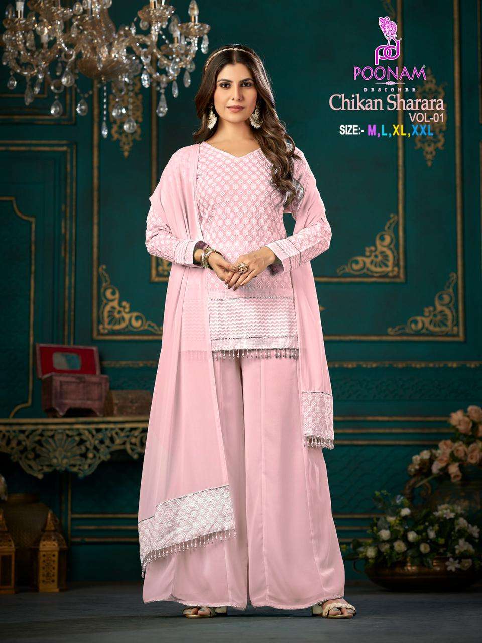 CHIKAN SHARARA BY POONAM DESIGNER 1001 TO 1004 SERIES RAYON CHICKEN WORK DRESSES