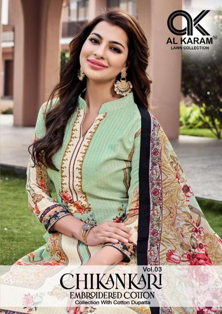 CHIKANKARI EMBROIDERED COTTON VOL-3 BY AL KARAM 3001 TO 3006 COTTON PRINT DRESSES