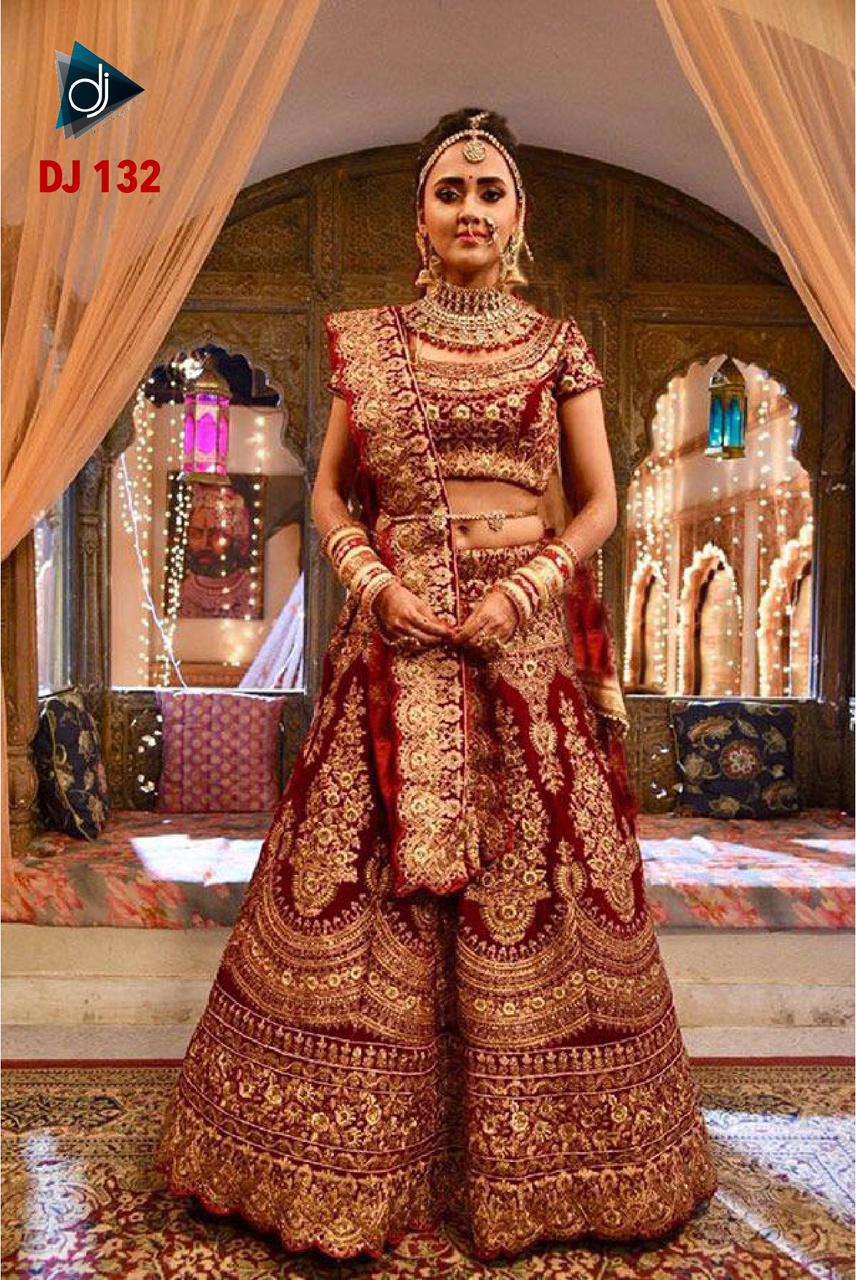 DJ-132 HIT DESIGN BY ASLIWHOLESALE VELVET MULTIWORK BRIDAL LEHENGA